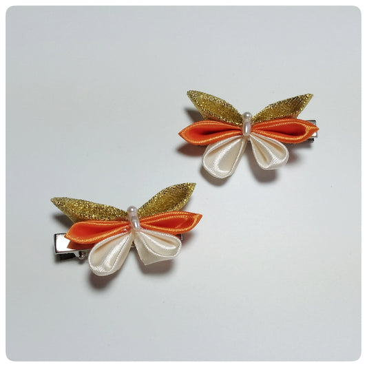 Kanzashi vlinder (2st.) - oranje/goud