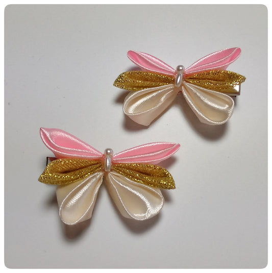 Kanzashi vlinder (2st.) - roze/goud/crème